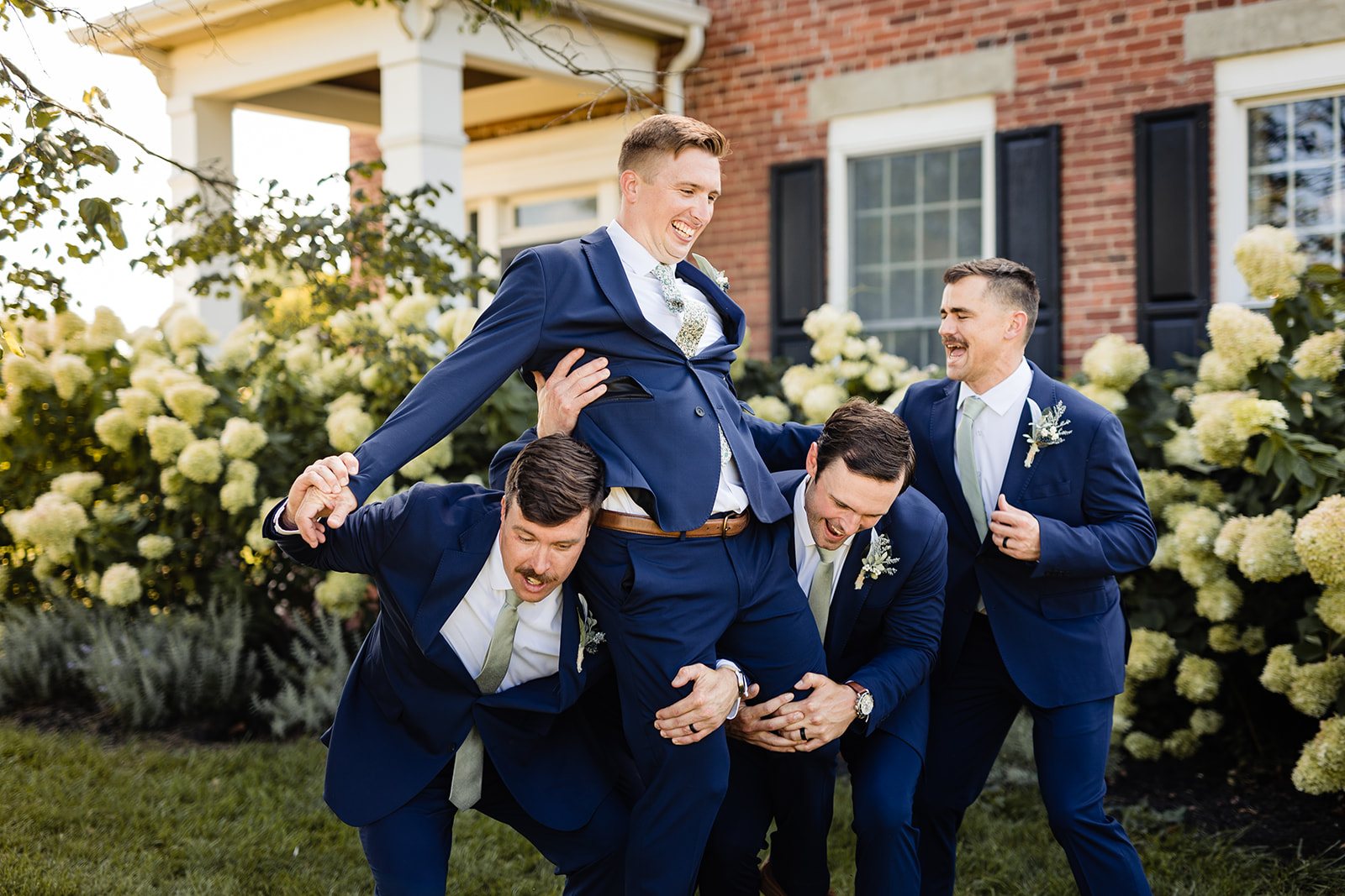 Groomsmen in navy suits hoisting the laughing groom onto their shoulders beside the farmhouse hydrangeas.